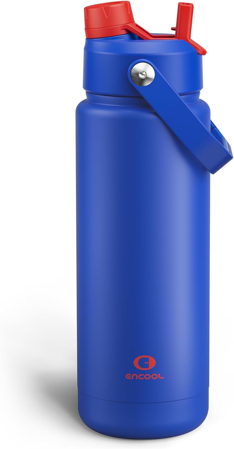 ENCOOL Insulated Water Bottle with Straw Stainless Steel Water Bottle, Leak-Proof, BPA-Free, Double Wall Vacuum Keeps Cold for 24 Hours for Sports, Travel, School (32 oz, Beaucoup Blue)