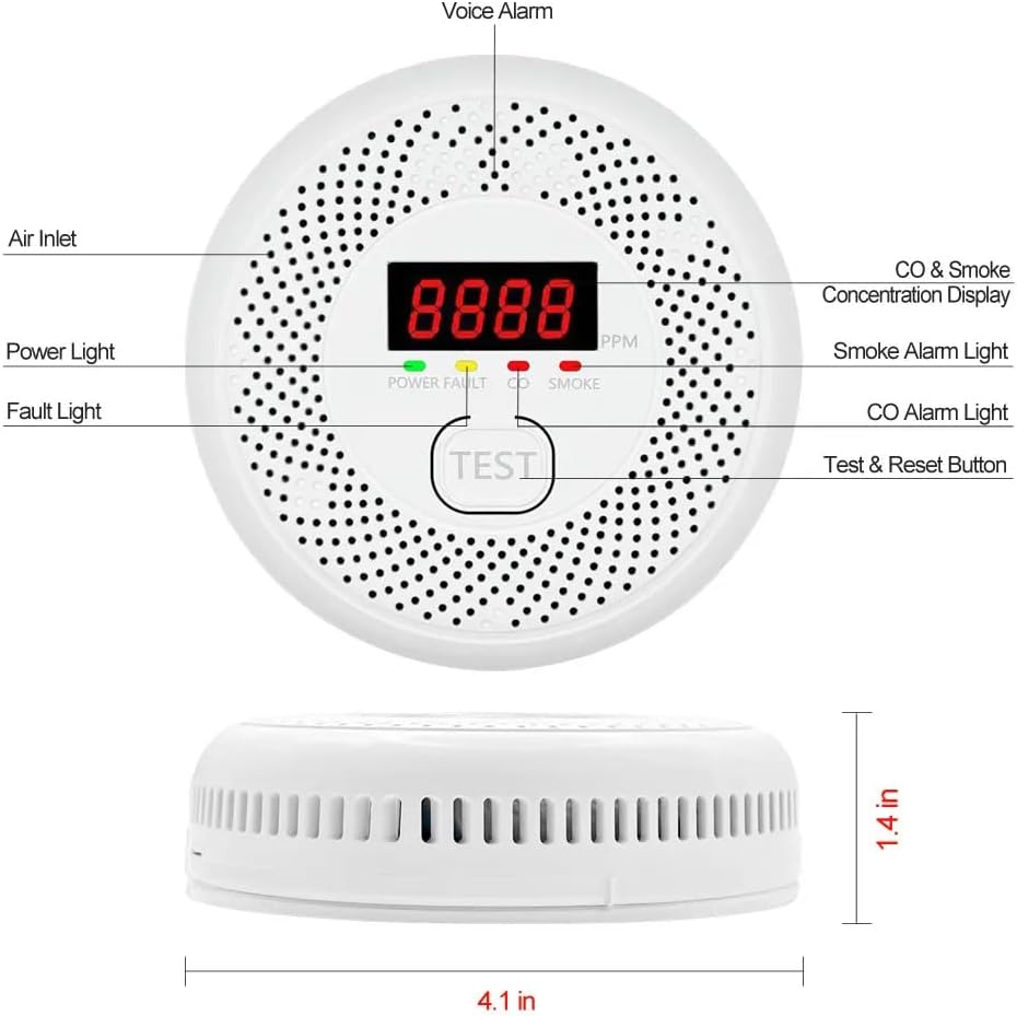 High Definition Color Screen Detector LCD Powered by Carbon Monoxide Detector and Smoke Alarm Battery (excluding Battery) (Compact Design, 4Pack-CO&Smoke)