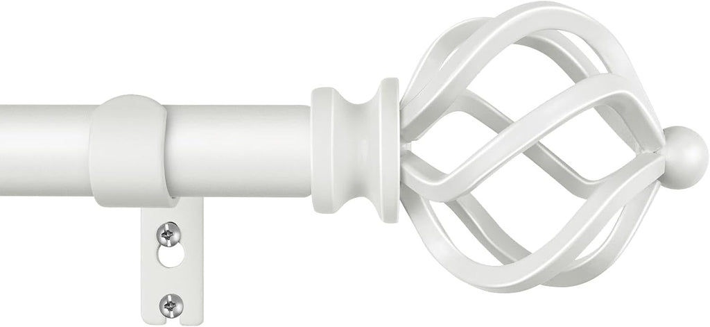 KAMANINA Curtain Rods for Windows 66 to 120 Inch, 3/4 Inch White Curtain Rod 32 to 115 Inches (2.6-9.6ft) Splicing Adjustable Single Drapery Rod with Twisted Cage Finial