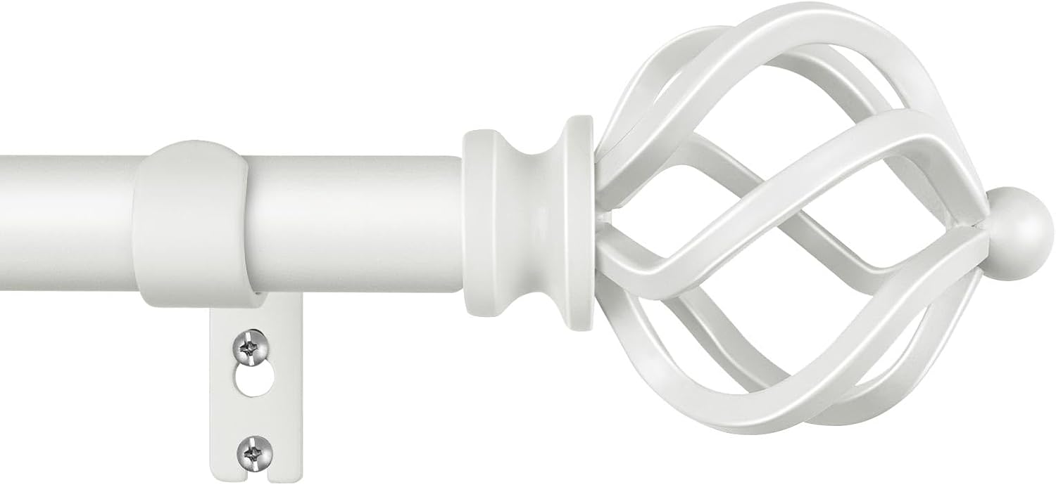 KAMANINA Curtain Rods for Windows 66 to 120 Inch, 3/4 Inch White Curtain Rod 32 to 115 Inches (2.6-9.6ft) Splicing Adjustable Single Drapery Rod with Twisted Cage Finial