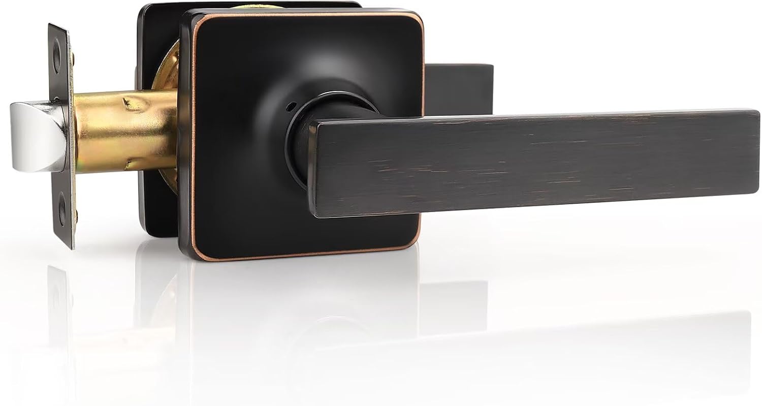 GOBEKOR 2 Pack Oil Rubbed Bronze Door Handles Interior with Lock Passage Door Levers Bronze Closet Door Handle Interior Keyless Door Locks for Closet Bronze Square Door Handles