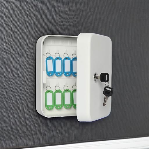 Jssmst Key Lock Box Wall Mount Security Key Storage Box, Locking Key Cabinet Wall Mount with 20 Key Hooks & Tags Key Labels, 7.87 x 6.3 x 2.95 inches, White Matt