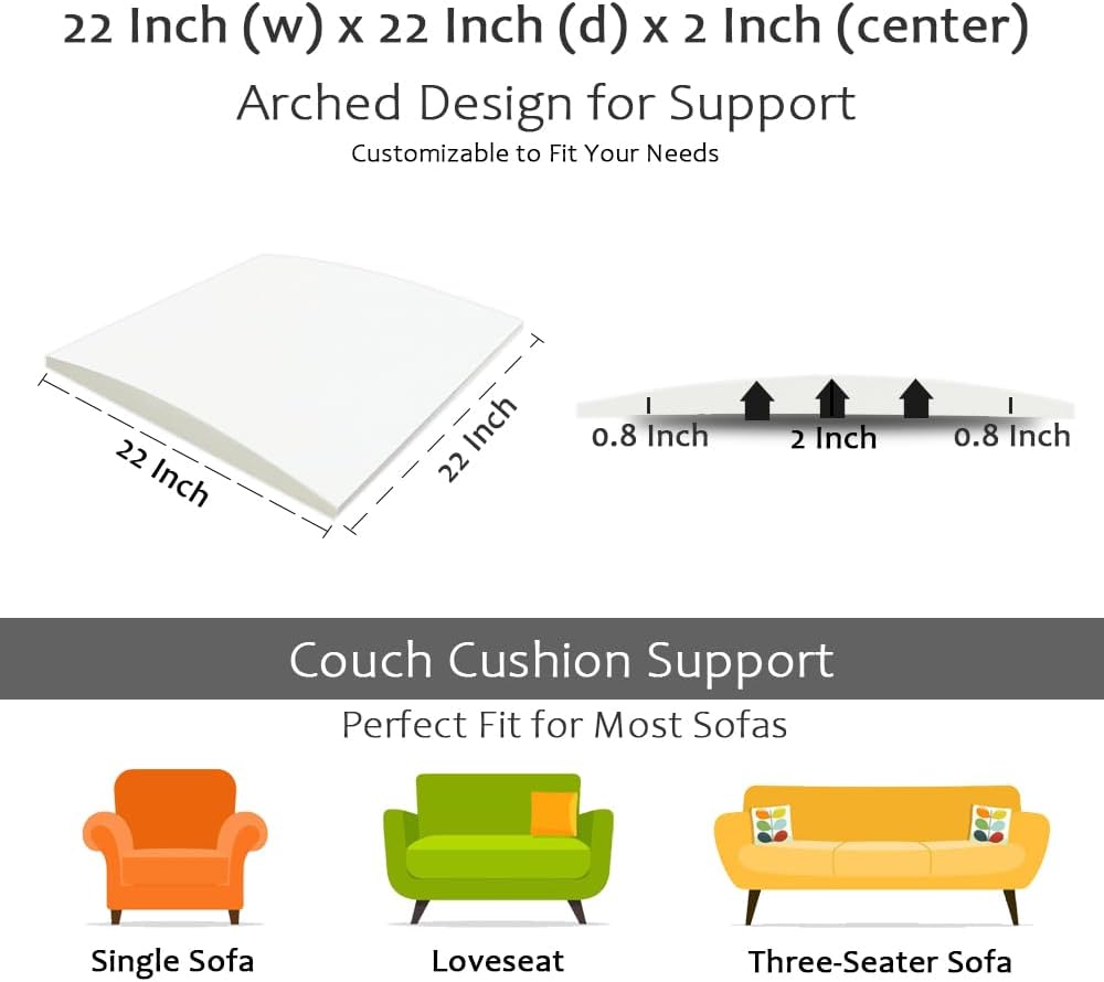 Couch Cushion Supports for Sagging Seat 22'' x 22'' High Density 40D Curved Foam Sofa Cushion Support Under The Saggy Pads Firmer Foam Lifters for Saggy Couch Set of 3 (White, 22''*22'')
