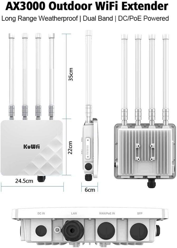 KuWFi Outdoor WiFi 6 Access Point, 3000Mbps Long Range Extender, IP67 Waterproof, PoE+ Powered, Cloud Managed, Supports 256 Users, Ideal for 300-500m Coverage, Compatible with Starlink
