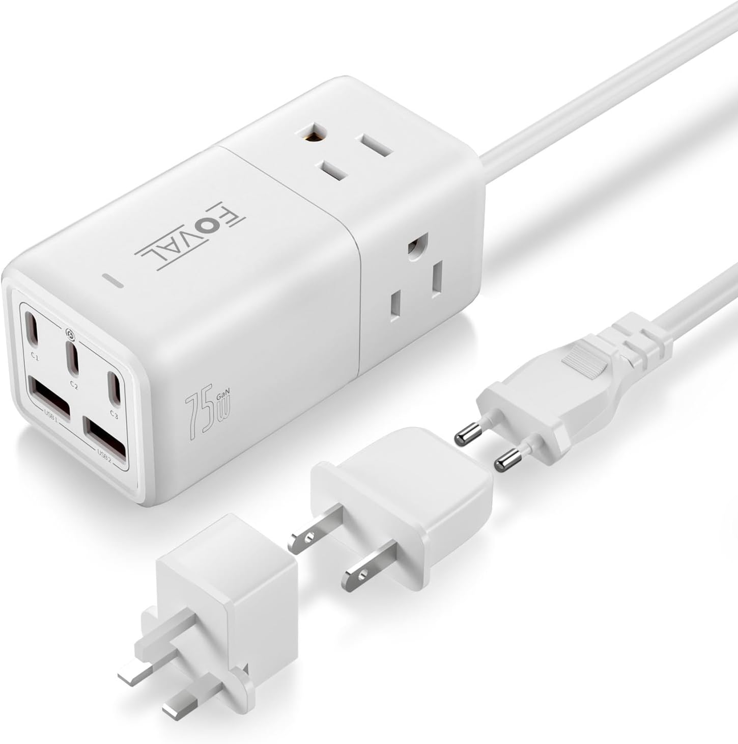 European Travel Plug Adapter, FOVAL US to UK Europe Power Strip 75W USB C Charger with 5 USB Ports, 3 AC Outlets, 5ft Extension Cord, for Spain, France, Ireland, Travel Home Cruise Ship