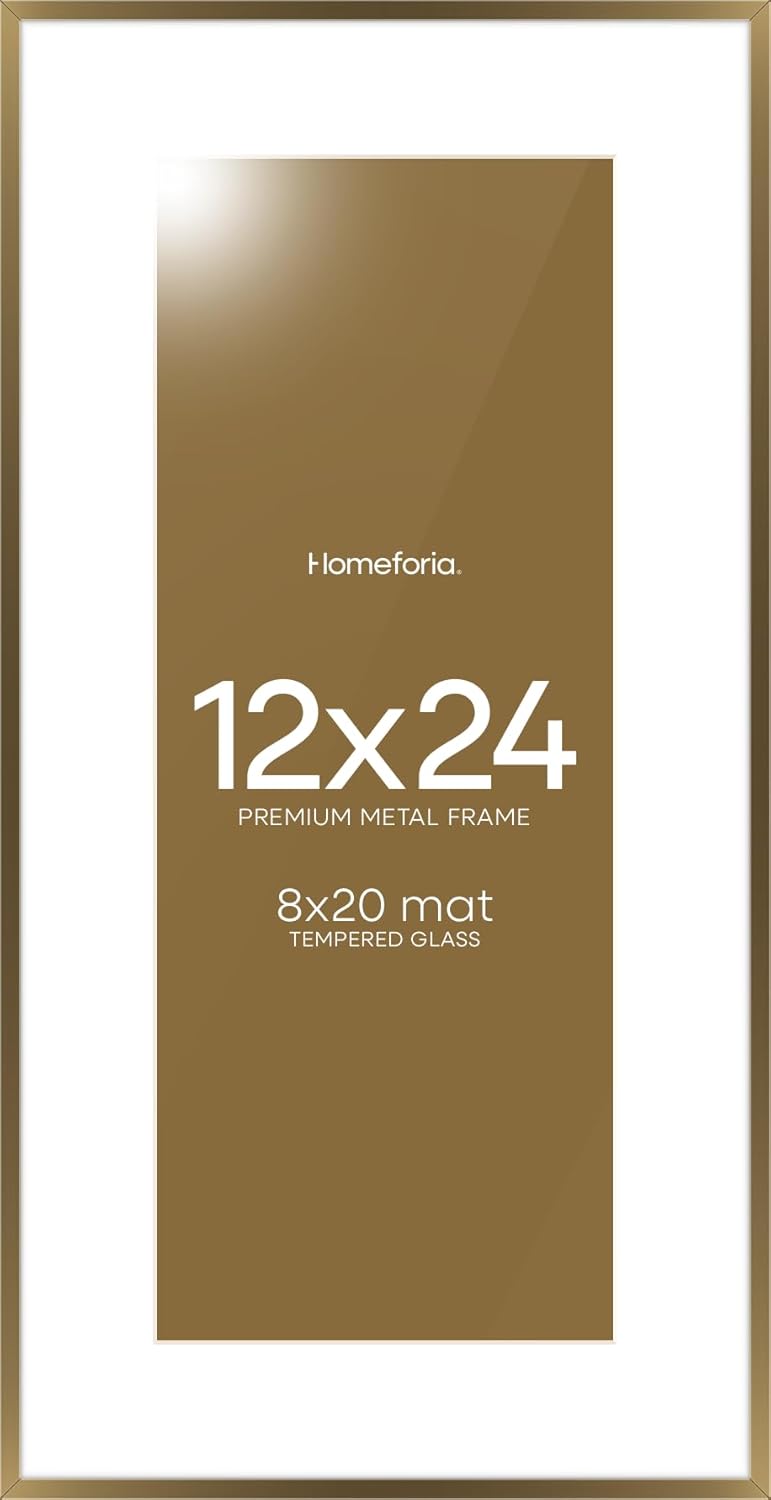 Homeforia 12x24 Picture Frame Bronze, High End Metal 12by24 Brass Poster Frames with Mat 8x20 Photo, 12 x 24 Panoramic Frames Matted to 8 by 20 Print, 24by12 Frames, Tempered Glass, Wall Kit, Set of 1