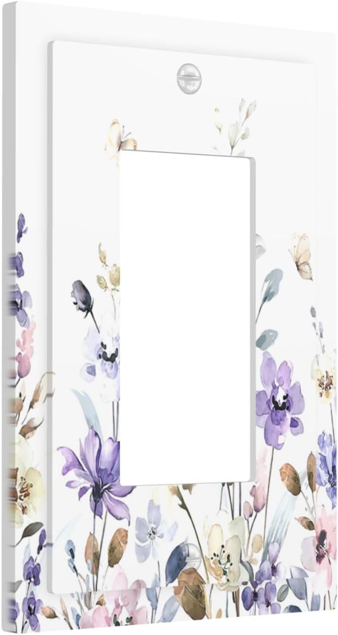 Decorative Outlet Covers Purple Floral Lilac Watercolor Flower Leaves Butterfly Wildflower 1 Gang Single Rocker Light Switch Cover Plate Wall Plates GFCI Faceplate for Bedroom Home Decor