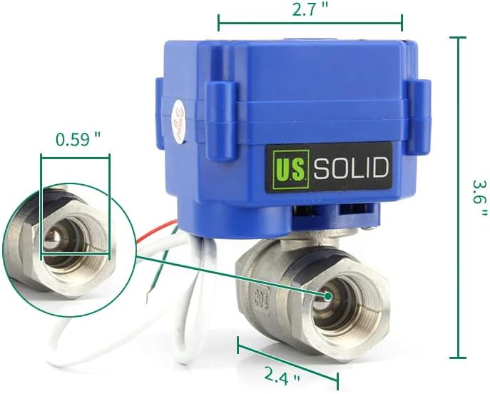 U.S. Solid Motorized Ball Valve- 1/2" Stainless Steel Ball Valve with Full Port, 9-24V AC/DC and 2 Wire Auto Return Setup