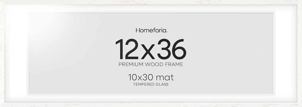 Homeforia 12x36 White Picture Frame, High End Oak 12x36 Wood Poster Frames with Mat 10x30 Art, 12 x 36 White Wooden Frames Matted to 10 by 30, 36x12 Panoramic Frame, Tempered Glass, Wall Kit, Set of 1