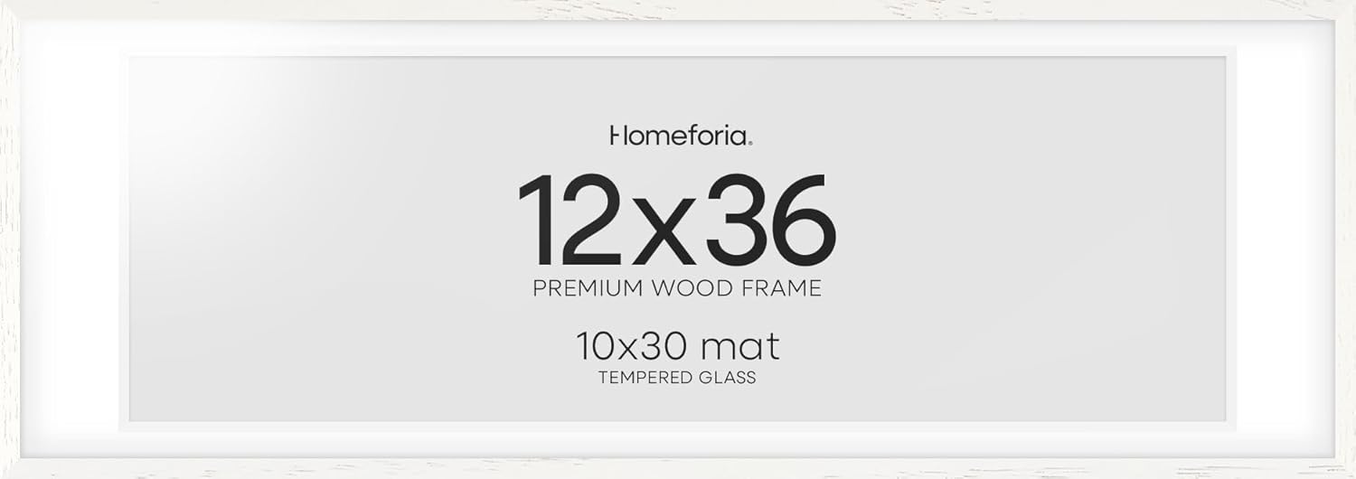 Homeforia 12x36 White Picture Frame, High End Oak 12x36 Wood Poster Frames with Mat 10x30 Art, 12 x 36 White Wooden Frames Matted to 10 by 30, 36x12 Panoramic Frame, Tempered Glass, Wall Kit, Set of 1
