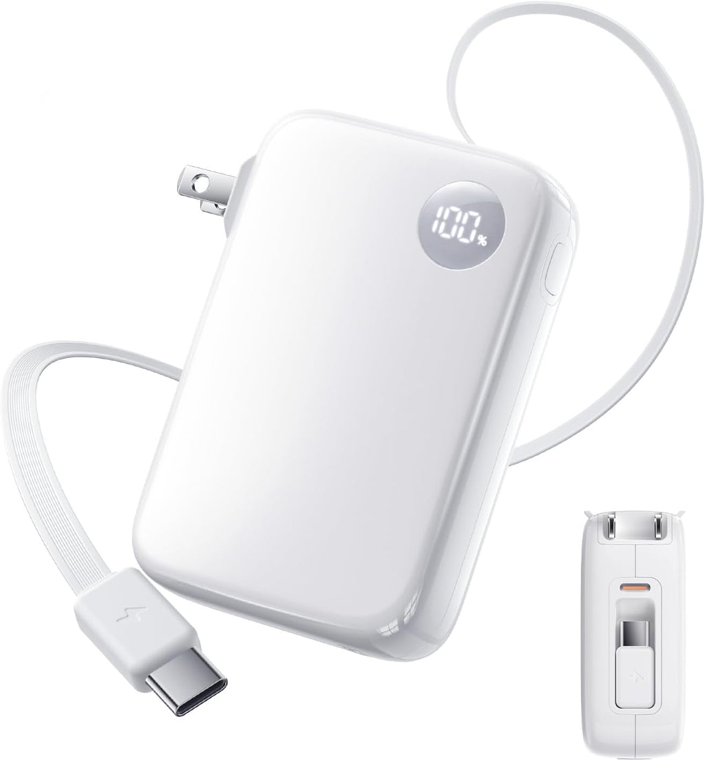 HOU 10000mAh Portable Power Bank with Retractable USB-C Cable, 35W Fast Charging, Dual Device Charging, Foldable Wall Plug, FCC/UL Certified 3 in 1 PD Charger for iPhone, Samsung, iPad, etc