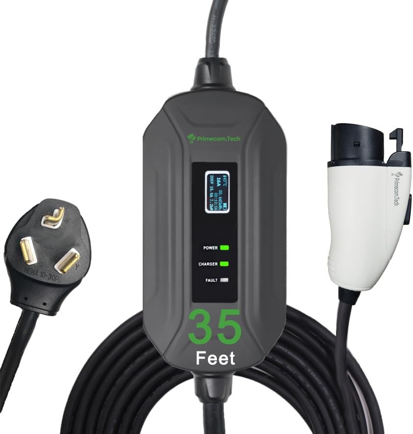 PRIMECOM Level 2 Electric Vehicle (EV) Charger (220V / 240Volt, 16Amp) Portable EVSE Smart Electric Car Charger, 30', 40', and 50 Feet Lengths (NEMA 10-30P, 35 Feet)