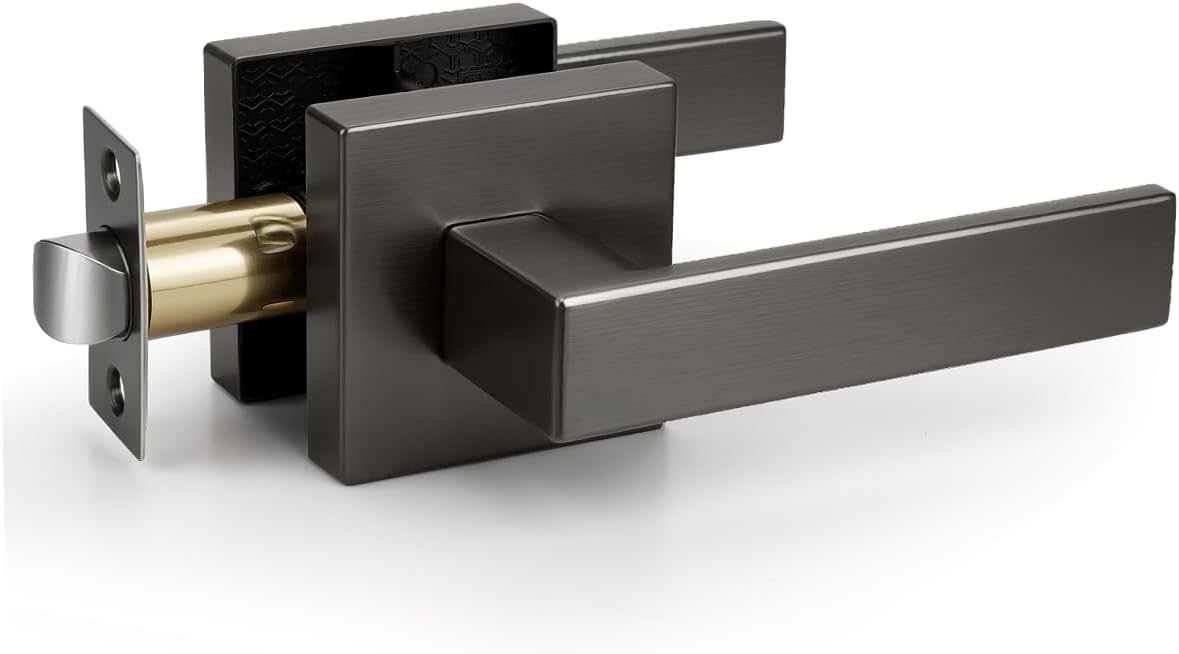 KNOBWELL 1 Pack Gunmetal Black Door Handle Brushed Black Nickel Square Doorknob with Lever Interior Door Lever for Closet Hallway