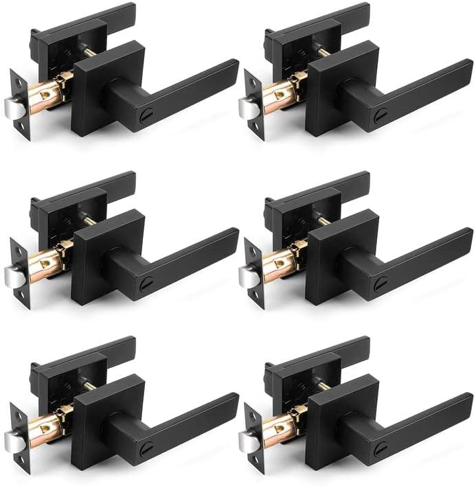 Probrico Interior Black Door Handle, Heavy Duty, Flat Square Privacy Door Handles, Keyless Door Levers Lockset for Bedroom and Bathroom (6 Pack, Modern)