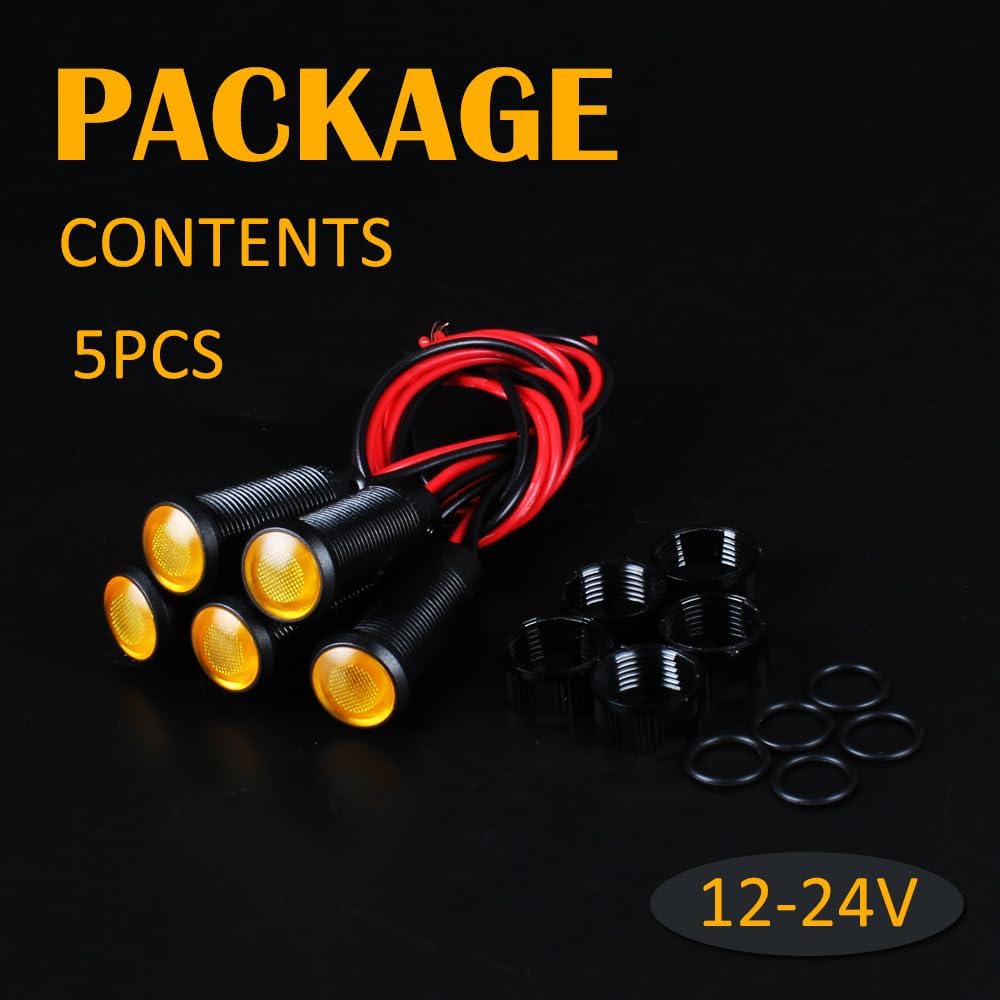 5pcs 10mm LED Indicator Light Plastic Black Signal Dot Lamp 12V-24V 2/5" Mounting Hole Size with 15cm/5.9in. Wire (Yellow LED)