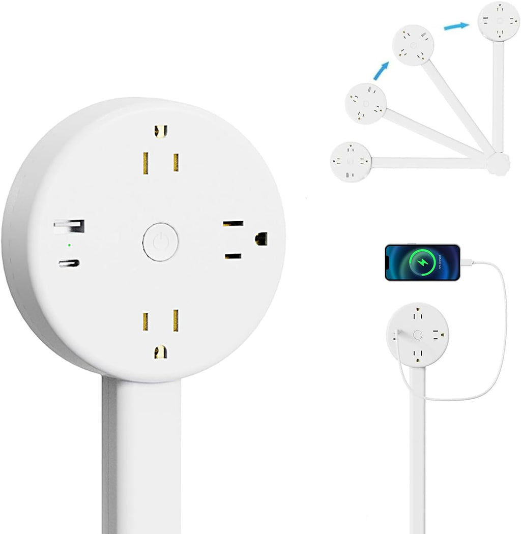 Electrical Outlet Extender,Power Socket Expander Features USB-A, USB-C, and 3 AC Electrical Outlet Extender, 180° Rotating & Extendable for Hard-to-Reach Outlets Behind Couch,Bed,Nightstand,Desk