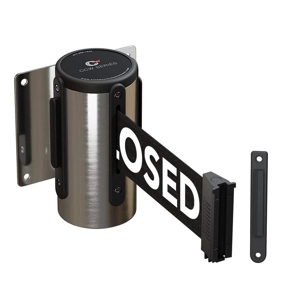 Crowd Control Warehouse - CCW Series WMB-120 Fixed Wall Mount Retractable Belt Barrier - 11 Foot, Black "This LINE is Closed" Belt with Stainless Steel Case