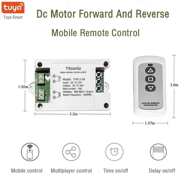 Tuya Smart WiFi/Bluetooth DC Motor Controller 10A 7-32V Reversible Switch with Timer, Voice Control for Electric Actuators, Smart Home (Alexa Compatible)