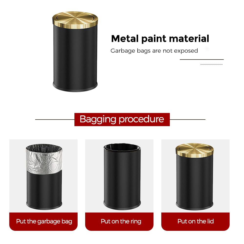 9L/2.4GAL Black Bathroom Trash Can,Gold Small Trash Can with Lid,Garbage cans for Bathroom, Hotel,Office,Lundry,Powder Room 【Perfect Christmas Gift Idea】 (ＢＬＡＣＫ)