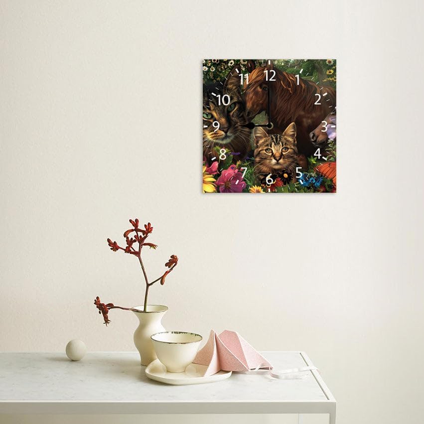10 in Garden Cats and Horses -290 Wood Wall Clock – Digital Time Display, Smart Home Compatible for Bedside or Workspace