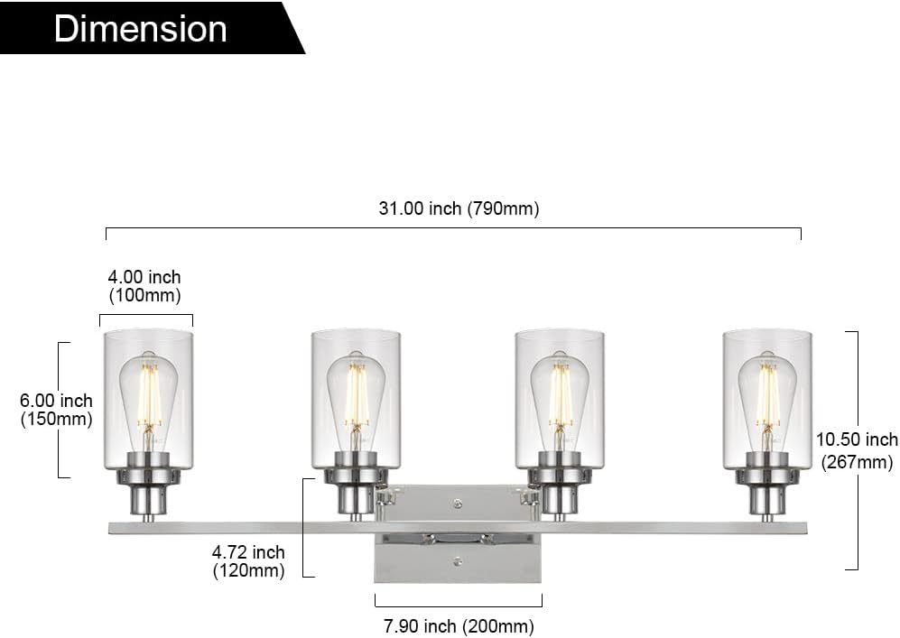MELUCEE 4-Light Bathroom Lighting Fixtures with Clear Glass Shade Chrome Finish, Modern Vanity Light Wall Mount Lamp for Bedroom Dressing Table Mirror Cabinets Vanity Table (Patent No.: US D963914 S)