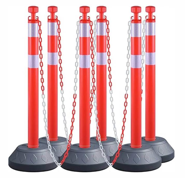 6 Pack 40 Inch Traffic Delineator Posts with Fillable Base and 6.6FT Plastic Chain, Safety Delineator Post Cones with 2 White Reflective Stripes for Construction Work (Red)