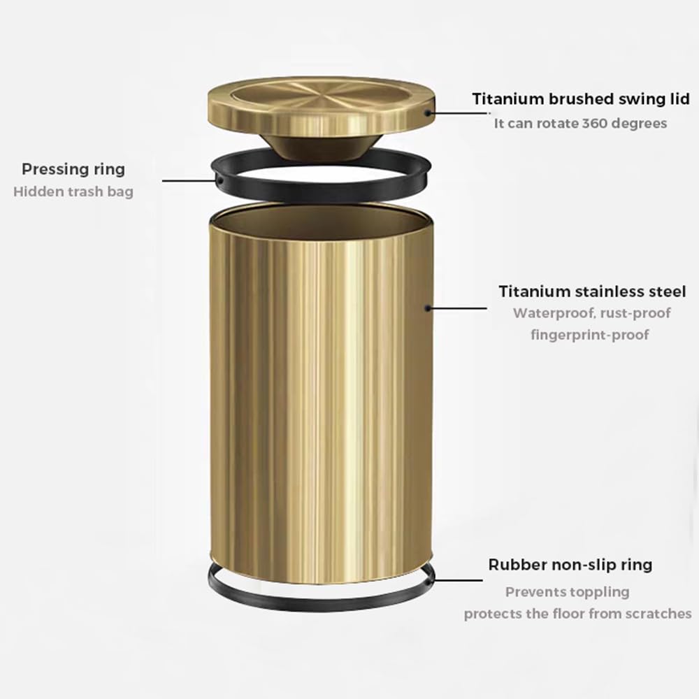 Small Trash Can with Flipping Lid,Gold Bathroom Garbage can with lid，2.4gallon,Brass Trash can for Bathroom,Laundry，Hotel，Office， Laundry Room ，Metallic Gold (Single)