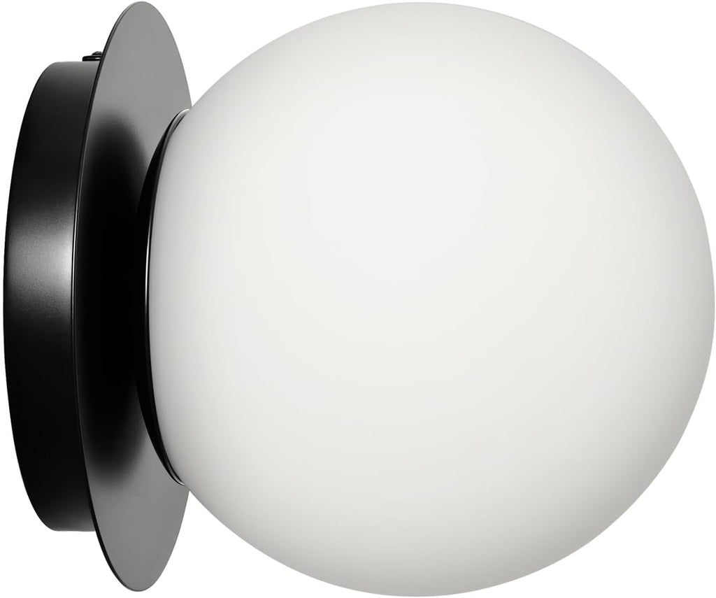 Modern Glass Globe Wall Sconce: Black Single Light with Milk Glass Shade - Minimalist Spherical Vanity Sconces Over Mirror - Contemporary Ball Wall Lights Fixtures for Entryway Bedside Bulb Excluded