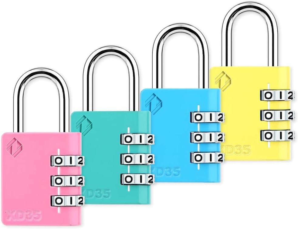 XD35 Combination Lock, 3-Digit Padlock for School Gym Sports LockerLock, Fence, Toolbox, Case, Hasp Storage (4-Pack, Pink, Emerald, Blue, Yellow)