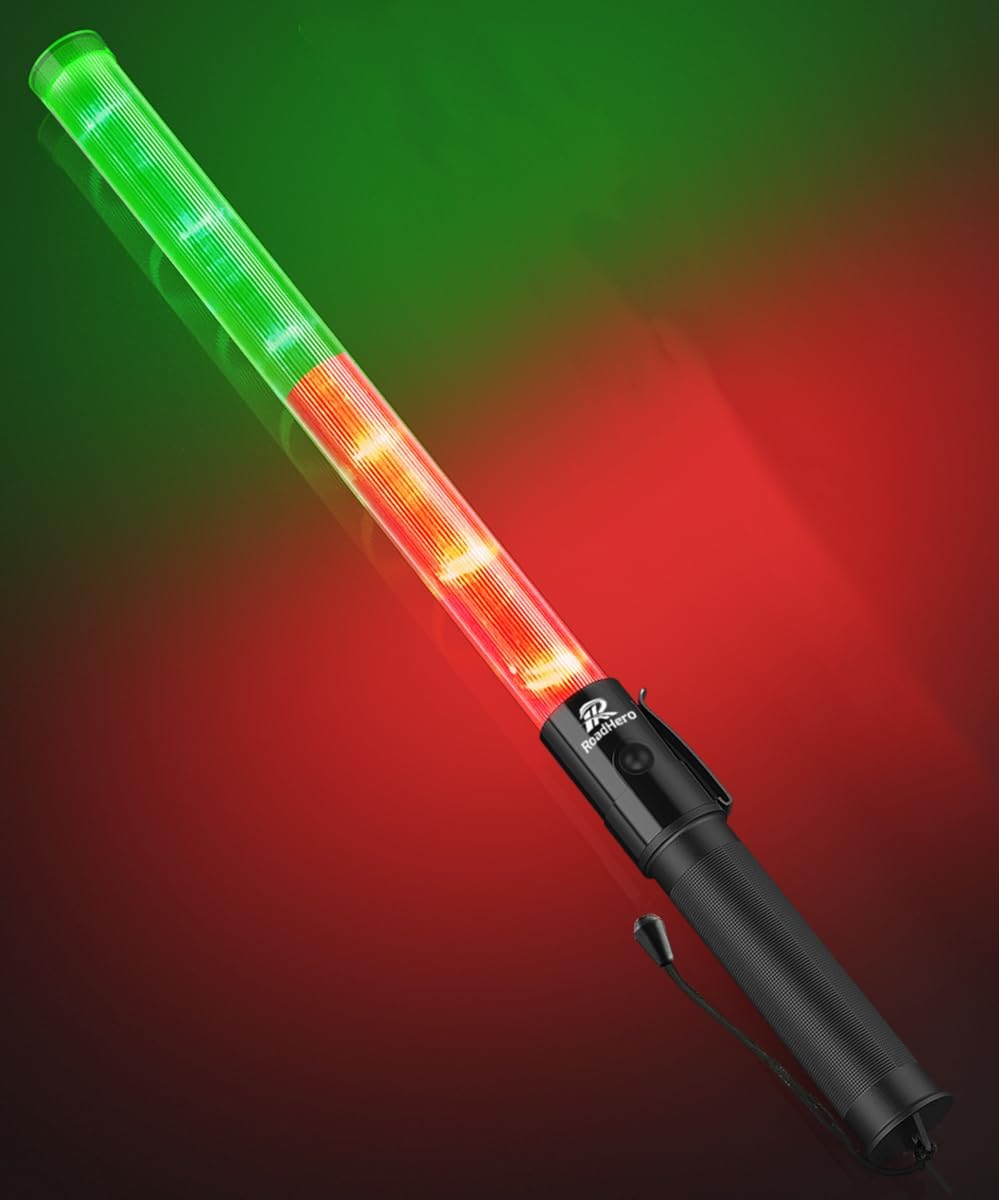 RoadHero 1 Pack 21 Inch Traffic Wands, Red and Green Led Traffic Control Baton, Safety Light Wand with 3 Flashing Modes, Air Marshaling Signal Wand with Side Clip for Airport, Parking, Car Directing