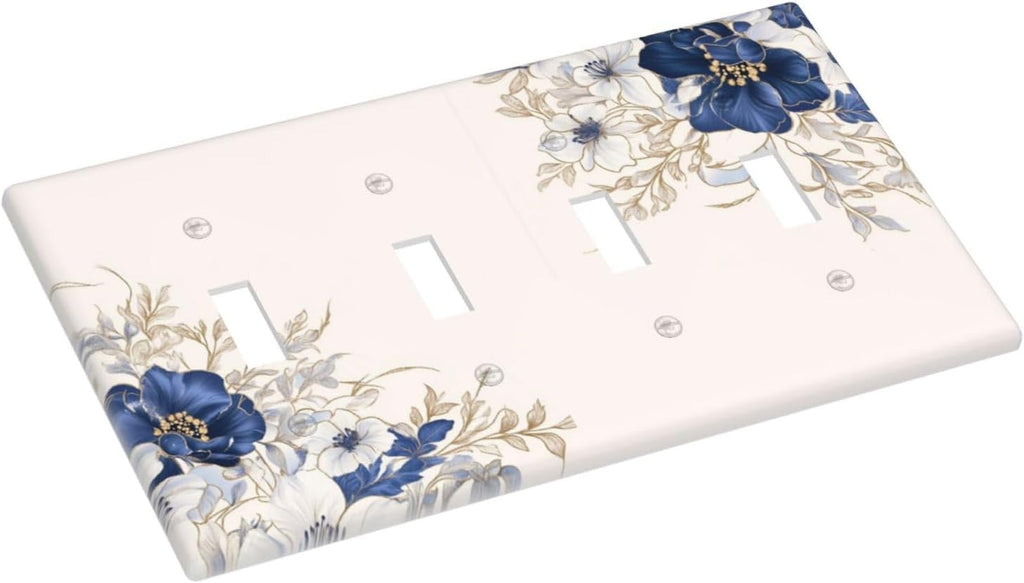 Decorative Light Switch Cover Plate Rustic Blue White Flowers Floral Penoy 4 Gang Wall Plate Oversized Quad Toggle Switch Cover Plate Jumbo Face Plate for Bedroom Decor