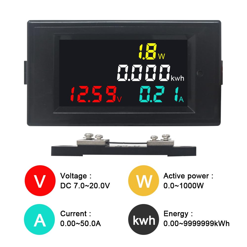 KETOTEK DC 7-20V 50A Power Meter Battery Monitor Digital Multimeter Panel Kwh Volt Amp Watt Meter Power Energy Monitor DC Current Voltage Meter with 50A Shunt