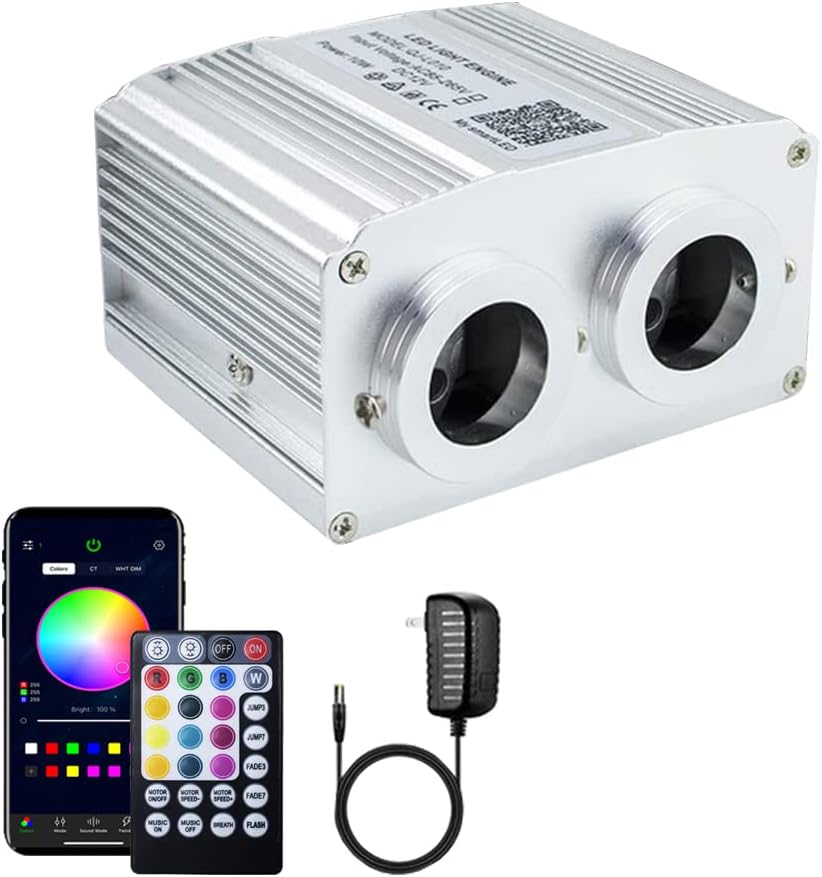 AZIMOM Dual Port 16W Twinkle Fiber Optic Starlight Box Sound Activated RGBW Fiber Optic Light Source APP/Remote Control Dual Head Light Engine Driver for Car Home Ceiling Star Lighting Decor
