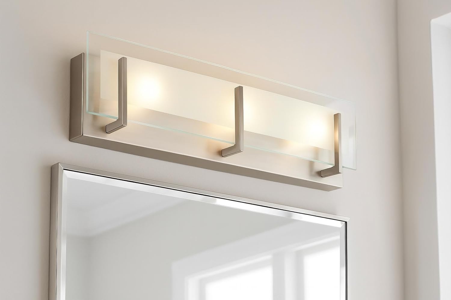 Hinkley Latitude Large Four Light Bath Vanity - Modern, Inside Etched Clear Glass Panel, Bulbs Included - Brushed Nickel Finish