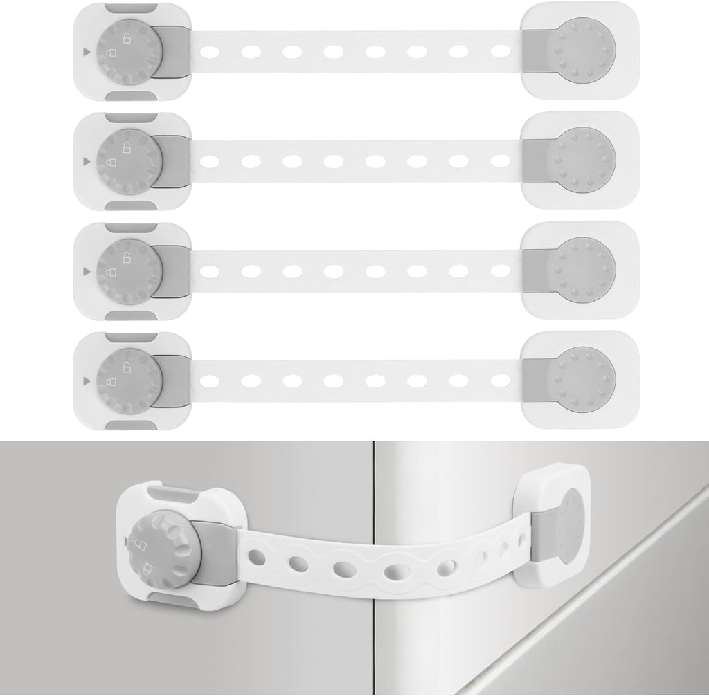 Songaa Child Safety Cabinets Strap Locks 4 Pack - Adjustable Baby Proofing Cabinet Latches for Drawers, Oven, Dishwasher, Fridge, Toilet Seat, Trash Can, with 3M Adhesive Pads - Gray