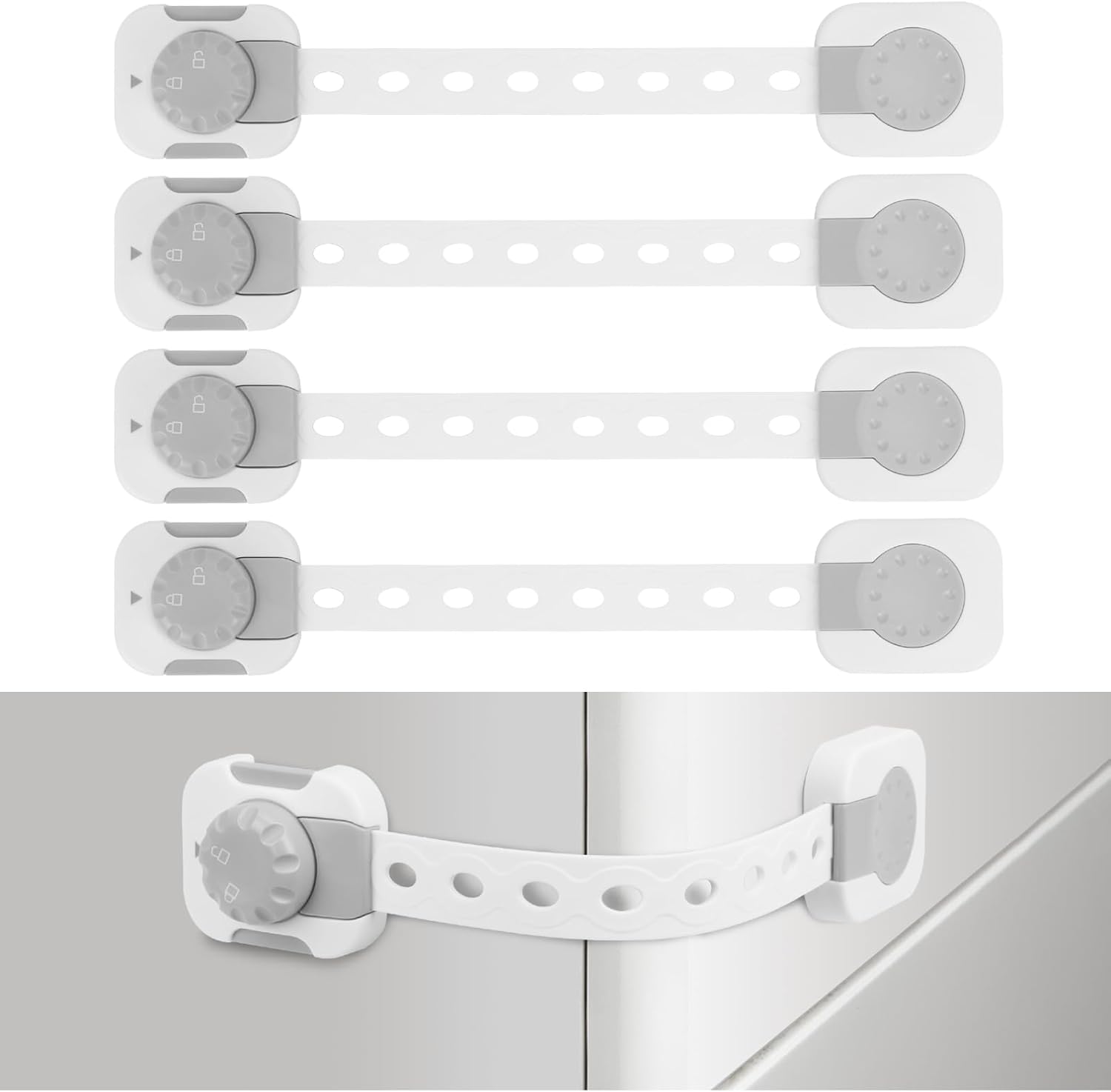 Songaa Child Safety Cabinets Strap Locks 4 Pack - Adjustable Baby Proofing Cabinet Latches for Drawers, Oven, Dishwasher, Fridge, Toilet Seat, Trash Can, with 3M Adhesive Pads - Gray