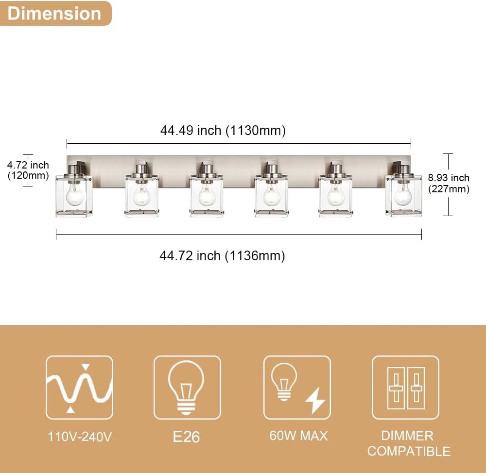 6-Lights Brushed Nickel Bathroom Light Fixture Over Mirror, Modern Wall Sconce with Clear Glass Shades, E26 Bulb Base Vanity Lighting for Over Mirror Kitchen