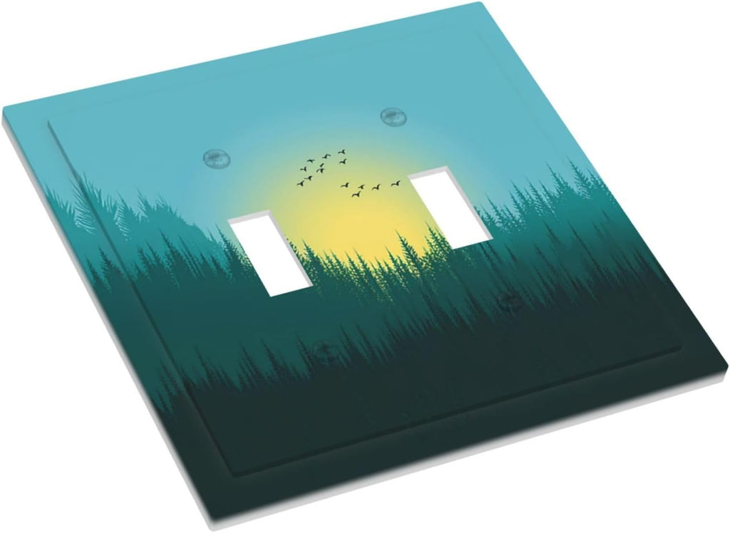 Green Forests And Birds Sun Woodland Decorative Switch Plates 2 Gang Double Toggle Outlet Light Switch Cover Wall Plate Electrical Faceplate for Bedroom Bathroom Decor