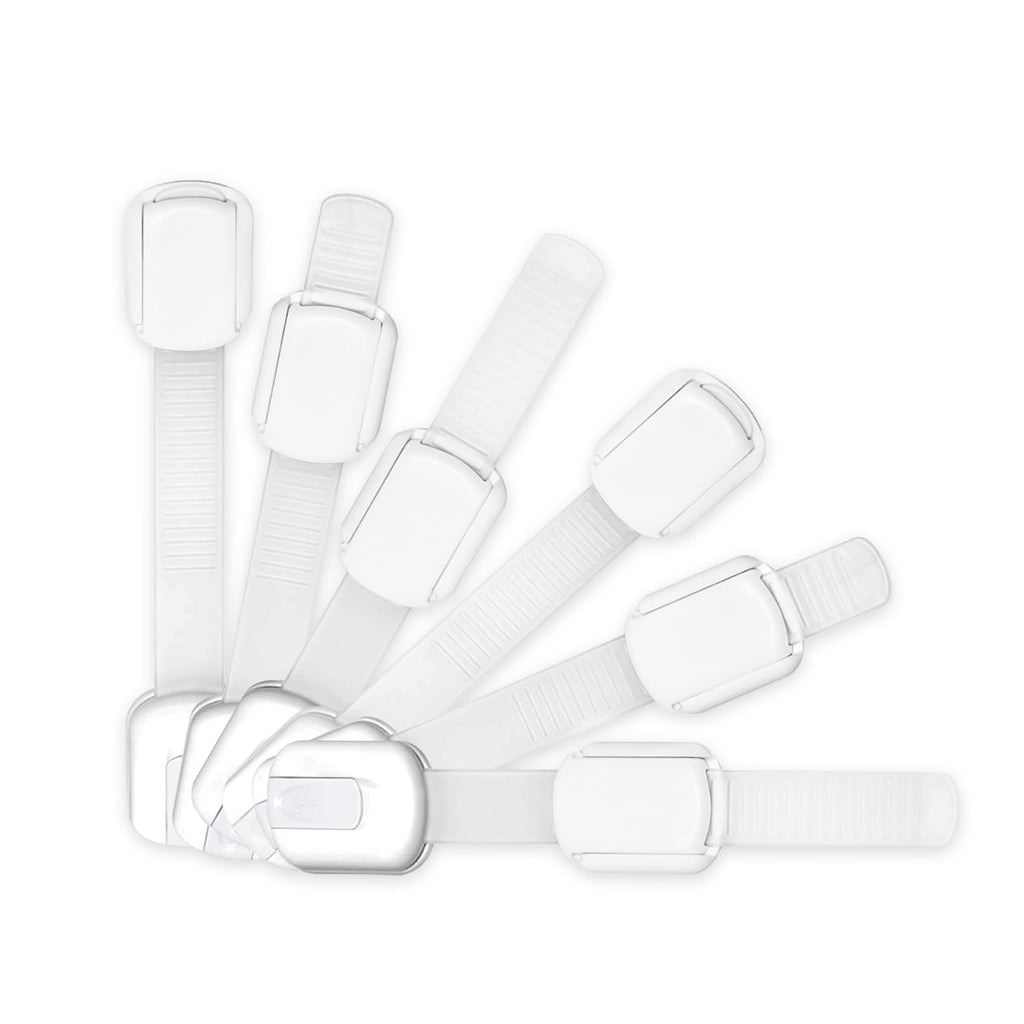 Adjustable & Reusable Child Safety Cabinet Locks & Latches, Baby Proofing Door Window, Cabinet, Toilet, & Refrigerator Lock, Child Safety Strap Locks with Adhesive Pads, Pack of 6, White - Wonderkid