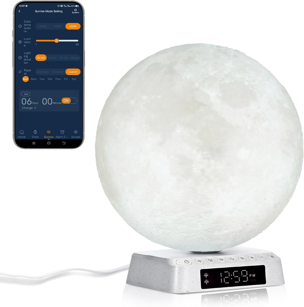 Light Alarm Clock Wake up Light Bioclock Adjustment Sunrise Alarm Clock Awakening lamp Bedside lamp Table lamp Nightstand Lamp Moon-Shaped & APP-Supported
