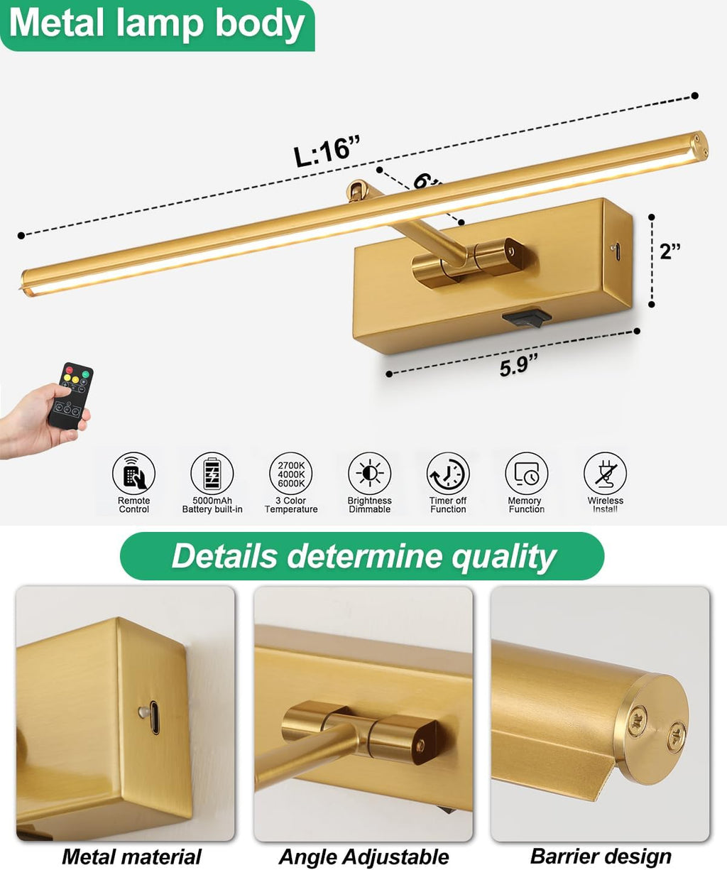 Battery Operated Picture Light with Wireless Remote 3CCT Dimmable Gold Wall Art Lights for Paintings 3 Color Rechargeable cordless decor Gallery Light 16’‘ Artwork Lighting for Canvas Timer Function