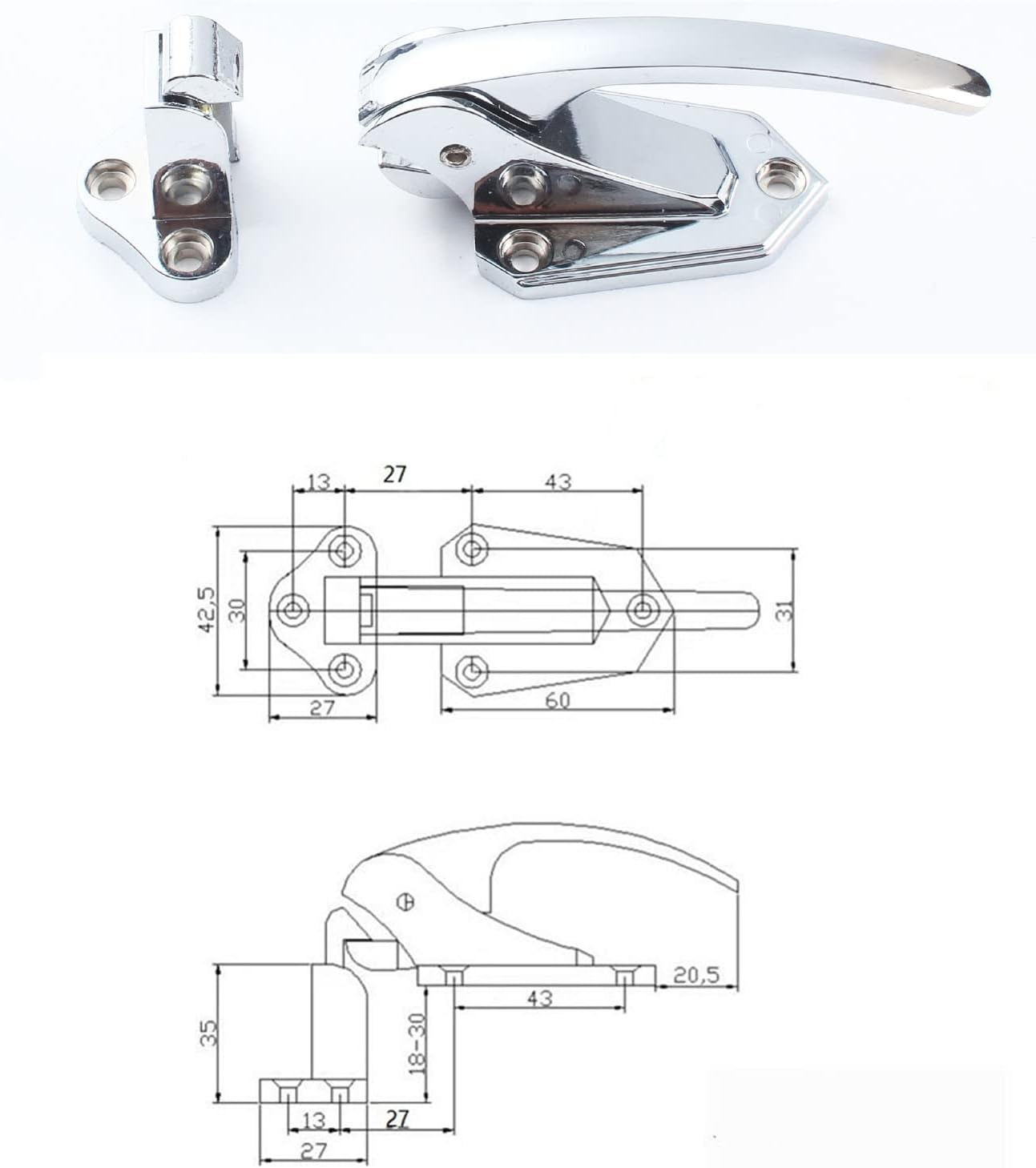 Freezer Door Flush Mounted Walk in Latch Handle, 105mm, Silver Tone