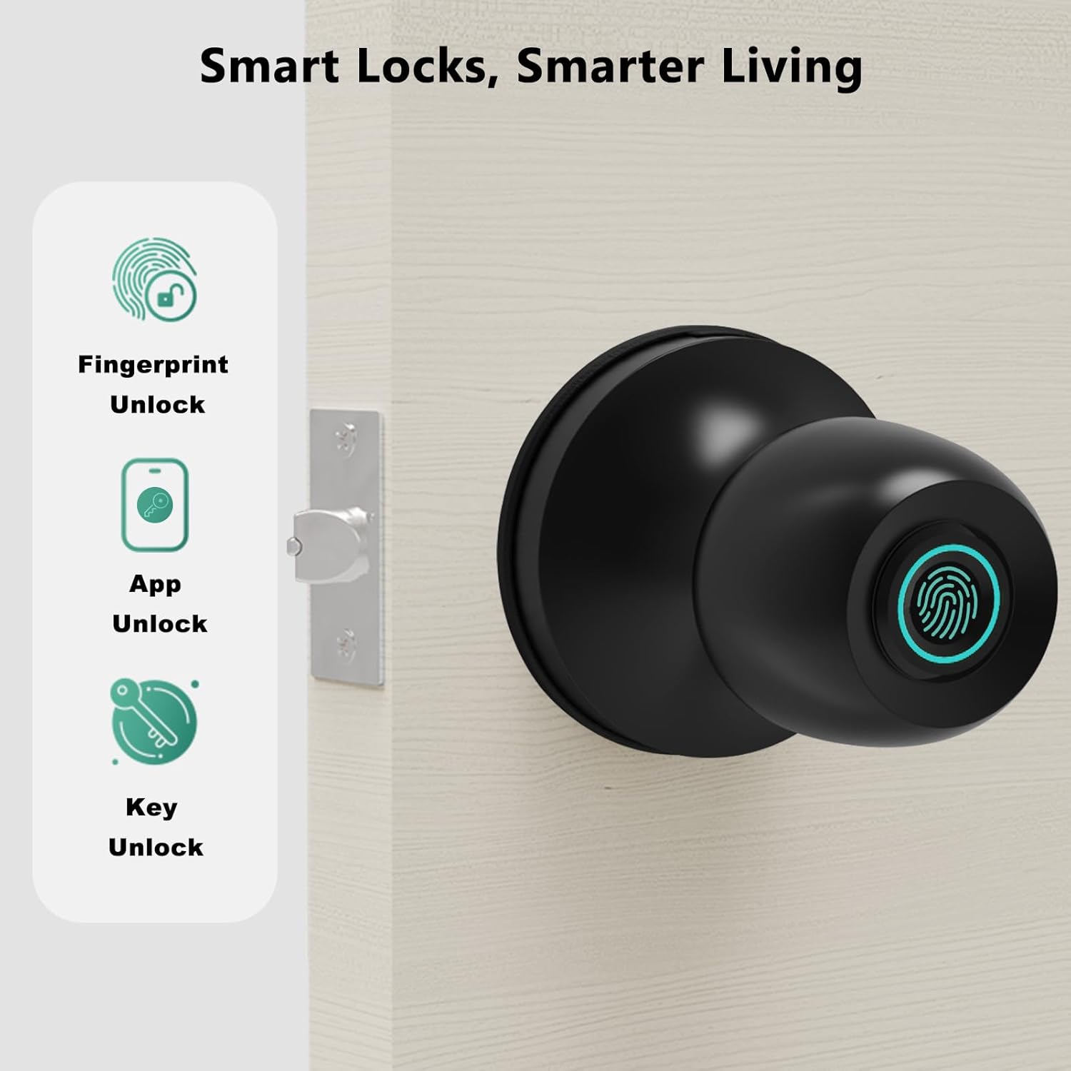 Fingerprint Smart Door Knob, Biometric Keyless Entry Door Lock with App Control & Backup Keys, Thumbprint Round Door Lock, Suitable for Home, Bedroom, Office, and Apartment Matte Black