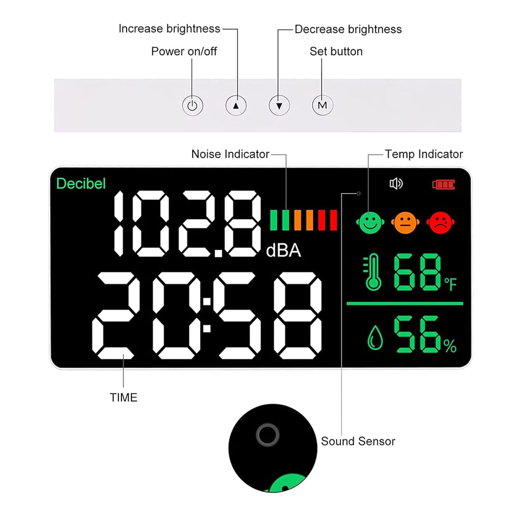 Decibel Meter Sound Level Reader, 11 Inch LED Display with Time Temperature Humidity, 30-130db Range - Sensor, Adjustable Brightness, USB Rechargeable for Home of