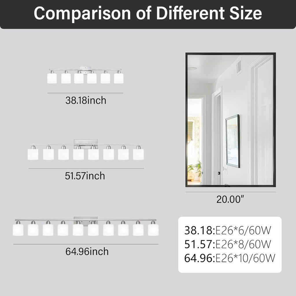Brushed Nickel Bathroom Vanity Light for Giant Mirror, 10 Light Brushed Nickel Vanity Lights, 65 inch Wall Lamps for Bedroom for Mirrors with Milky White Frosted Glass Shades, E26