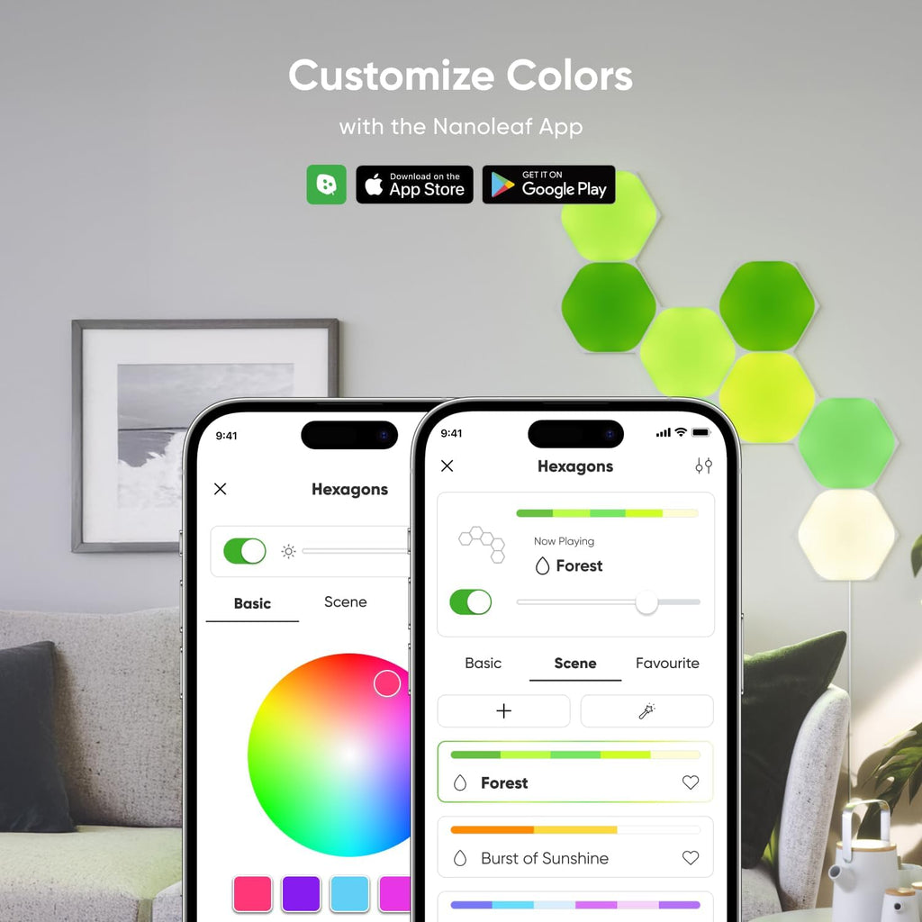Nanoleaf Shapes LED Wall Lights, RGBW Smart Wall Panels with 16M+ Color, Compatible with Alexa & Google Assistant, Music Sync, DIY Gaming Light for Home Decor (Hexagons Smarter Kit 7 Pack)