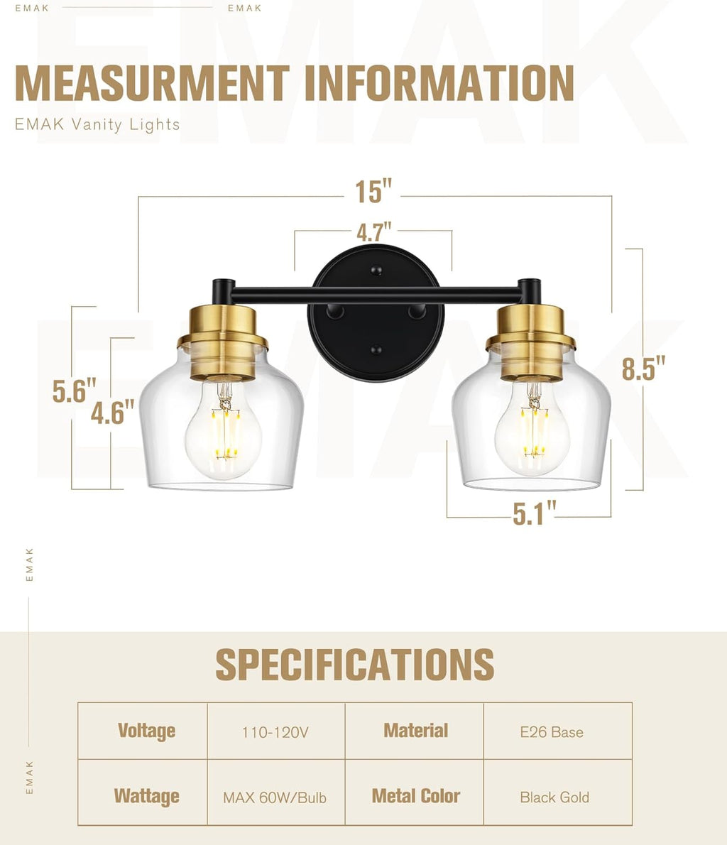 Emak Farmhouse 2-Light Bathroom Light Fixtures, Modern Black and Gold Vanity Lights with Clear Glass Shade for Bathroom, Mirror, VL122-BKBGD-CG-2