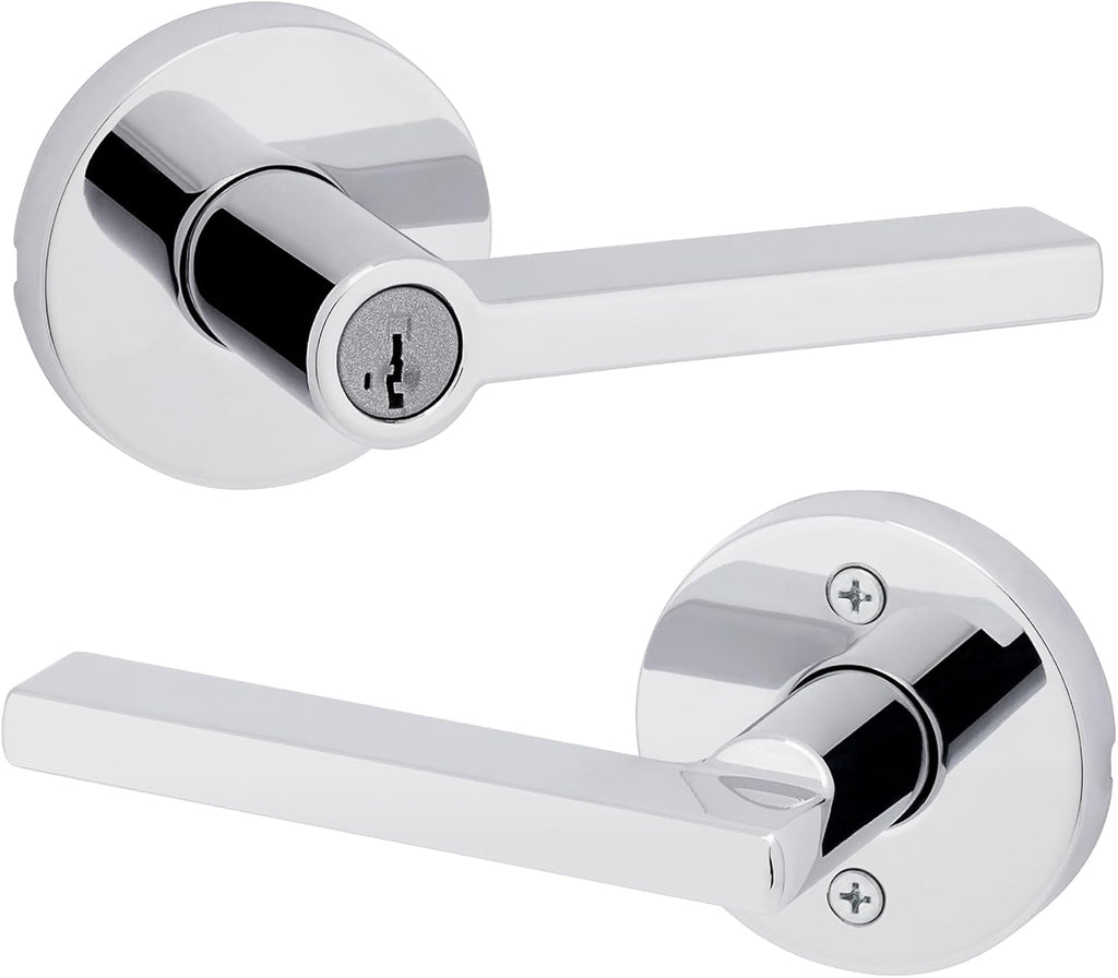 Kwikset Halifax Keyed Storeroom Entry Door Handle with Lock and Key, Secure Keyed Reversible Lever Exterior, for Front Entrance and Bedrooms, Polished Chrome, Pick Resistant Smartkey Rekey Security