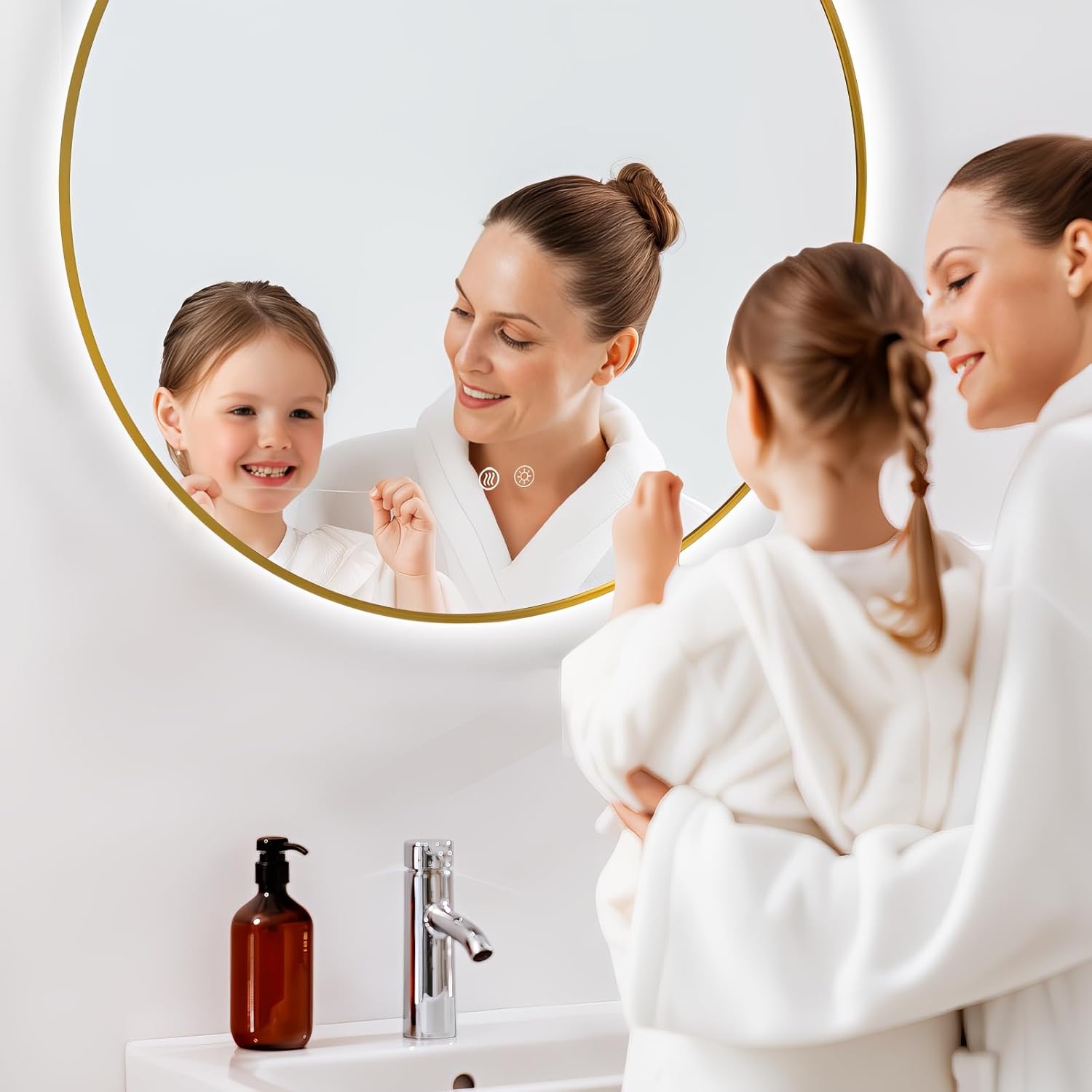 Niccy Round Led Mirror for Bathroom, 36" Backlit Mirrors for Wall Circle Lighted Mirror with Old Gold Frame Anti-Fog, 3 Colors, HD Glass and IP65 Waterproof
