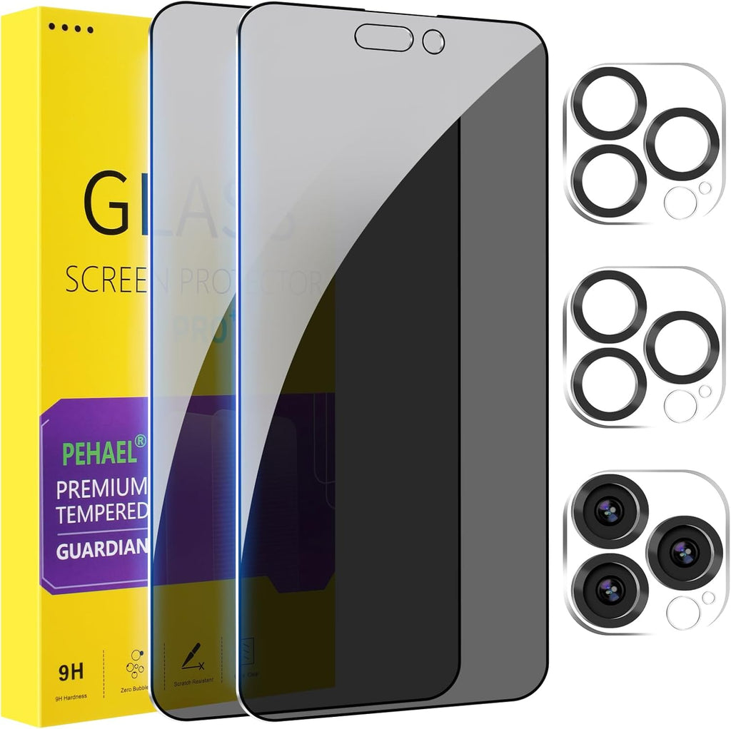 PEHAEL 2+2Pack for iPhone 14 Pro Max Privacy Screen Protector with Camera Lens Protector Full Coverage Anti-Spy Tempered Glass Film 9H Hardness Easy Installation Bubble Free [6.7 inch]